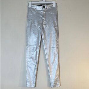 NWT. Zara XS Silver Metallic High Rise Skinny Pants.